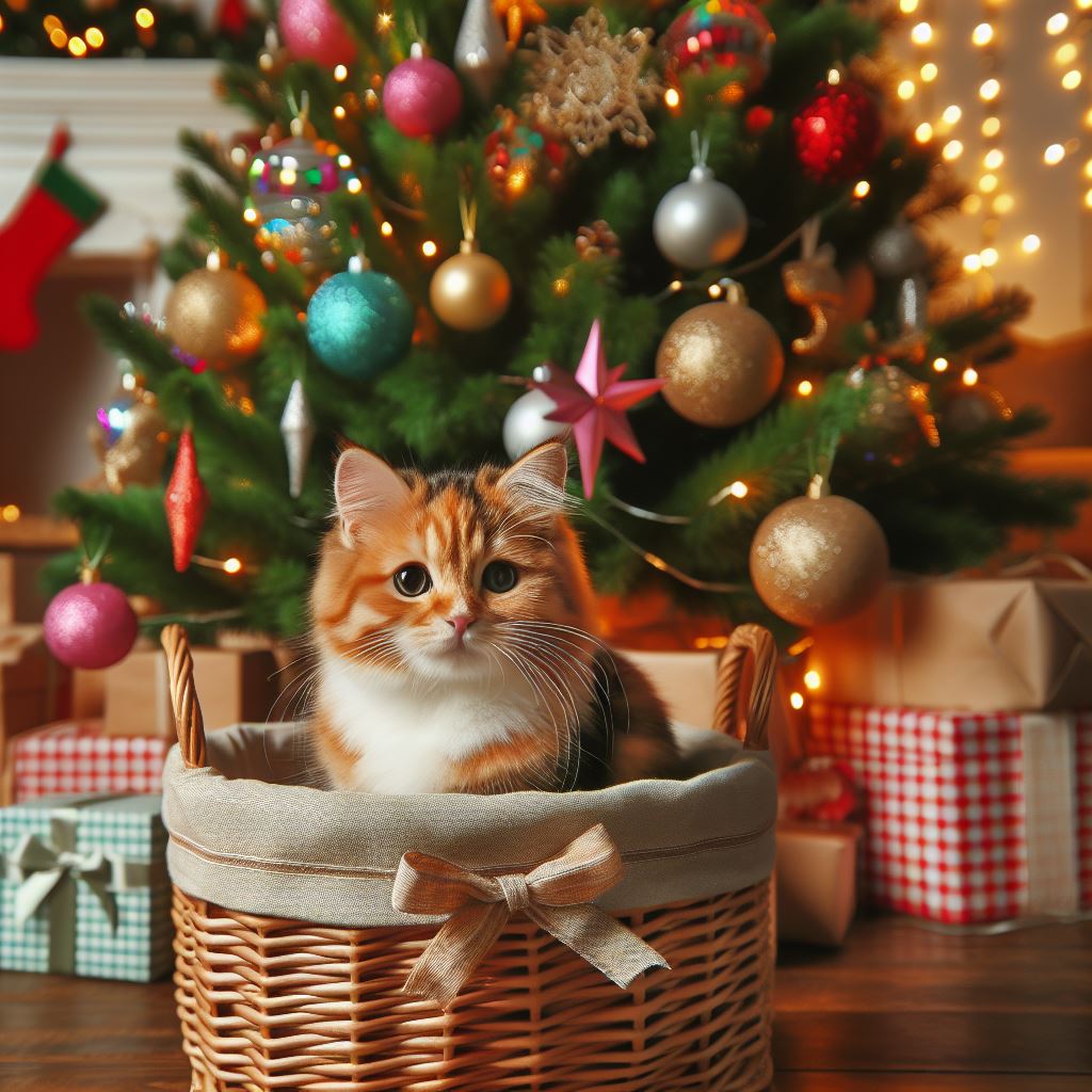 Katze in einem Weidenkorb. Im Hintergrund ein geschmückter Weihnachtsbaum