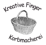 Logo der Korbmacherei Kreative Finger mit transparentem Hintergund zeigt einen Henkelkorb umrahmt vom Firmennamen