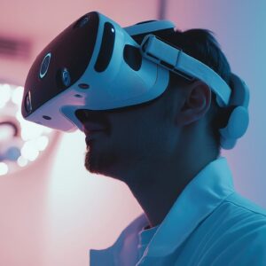 Ein Arzt in weißer medizinischer Kleidung trägt ein modernes Virtual-Reality-Headset in einem Operationssaal mit blauer und rosa Beleuchtung.