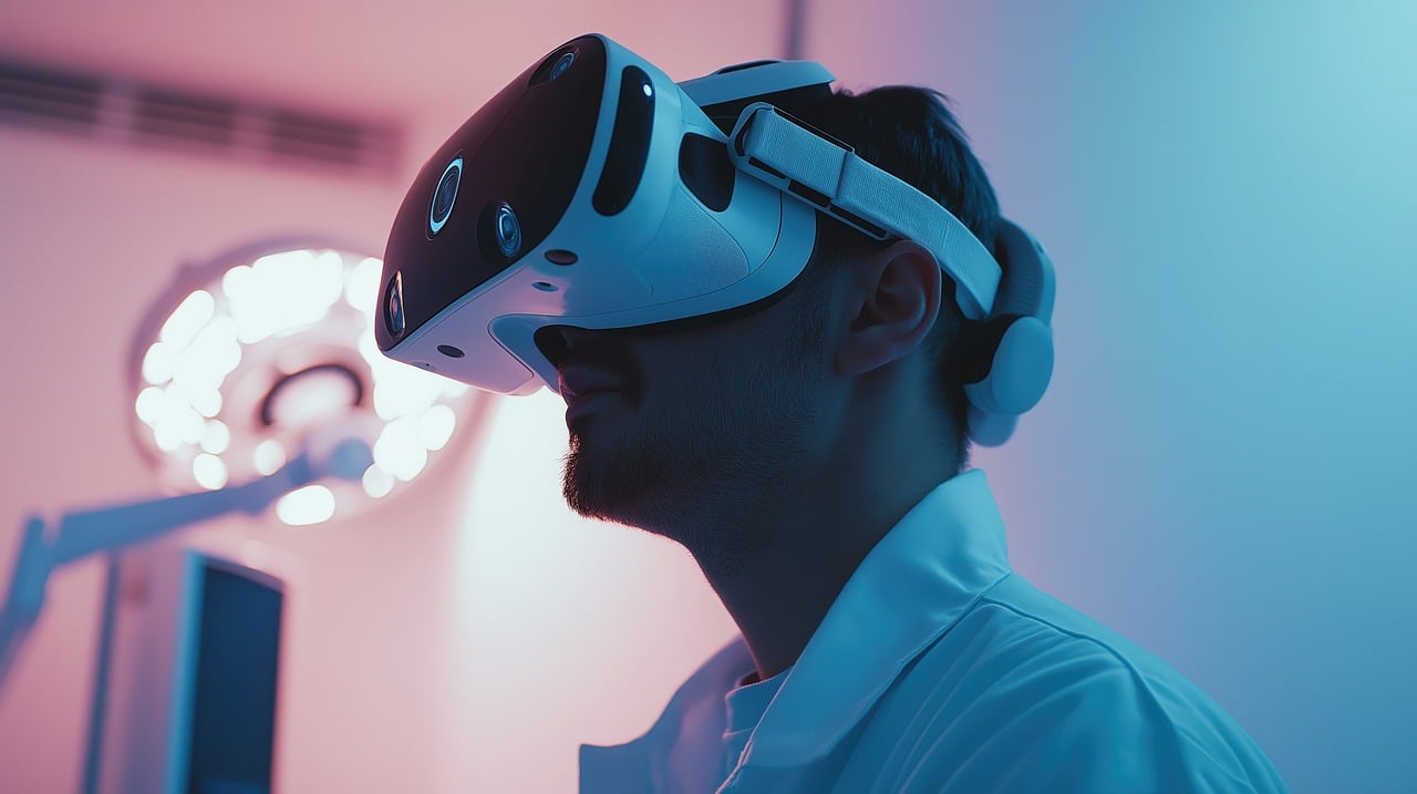 Ein Arzt in weißer medizinischer Kleidung trägt ein modernes Virtual-Reality-Headset in einem Operationssaal mit blauer und rosa Beleuchtung.