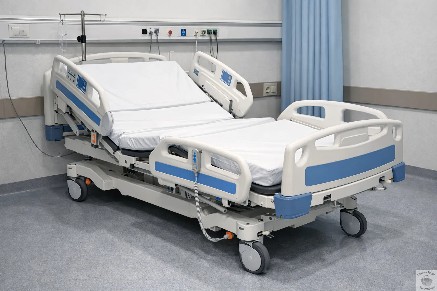 Ein modernes, unbesetztes Krankenhausbett mit weißem Laken und blauen Seitenteilen in einem hellen, medizinischen Behandlungsraum.