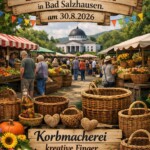 Realistische Marktszene in Bad Salzhausen am 30. August 2026. Im Vordergrund stehen kunstvoll geflochtene Körbe und ein Holzschild mit der Aufschrift „Korbmacherei Kreative Finger“. Dahinter belebt sich der Bauernmarkt mit Ständen voller Obst, Gemüse, Blumen und regionaler Produkte. Im Hintergrund erkennt man das Kurhaus mit seiner markanten Kuppel, eingerahmt von grünen Bäumen und sommerlichem Himmel.