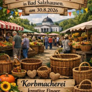 Realistische Marktszene in Bad Salzhausen am 30. August 2026. Im Vordergrund stehen kunstvoll geflochtene Körbe und ein Holzschild mit der Aufschrift „Korbmacherei Kreative Finger“. Dahinter belebt sich der Bauernmarkt mit Ständen voller Obst, Gemüse, Blumen und regionaler Produkte. Im Hintergrund erkennt man das Kurhaus mit seiner markanten Kuppel, eingerahmt von grünen Bäumen und sommerlichem Himmel.