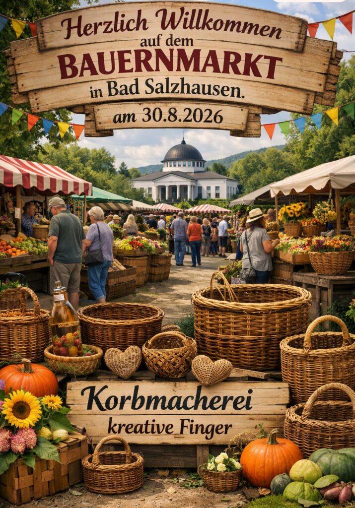 Realistische Marktszene in Bad Salzhausen am 30. August 2026. Im Vordergrund stehen kunstvoll geflochtene Körbe und ein Holzschild mit der Aufschrift „Korbmacherei Kreative Finger“. Dahinter belebt sich der Bauernmarkt mit Ständen voller Obst, Gemüse, Blumen und regionaler Produkte. Im Hintergrund erkennt man das Kurhaus mit seiner markanten Kuppel, eingerahmt von grünen Bäumen und sommerlichem Himmel.