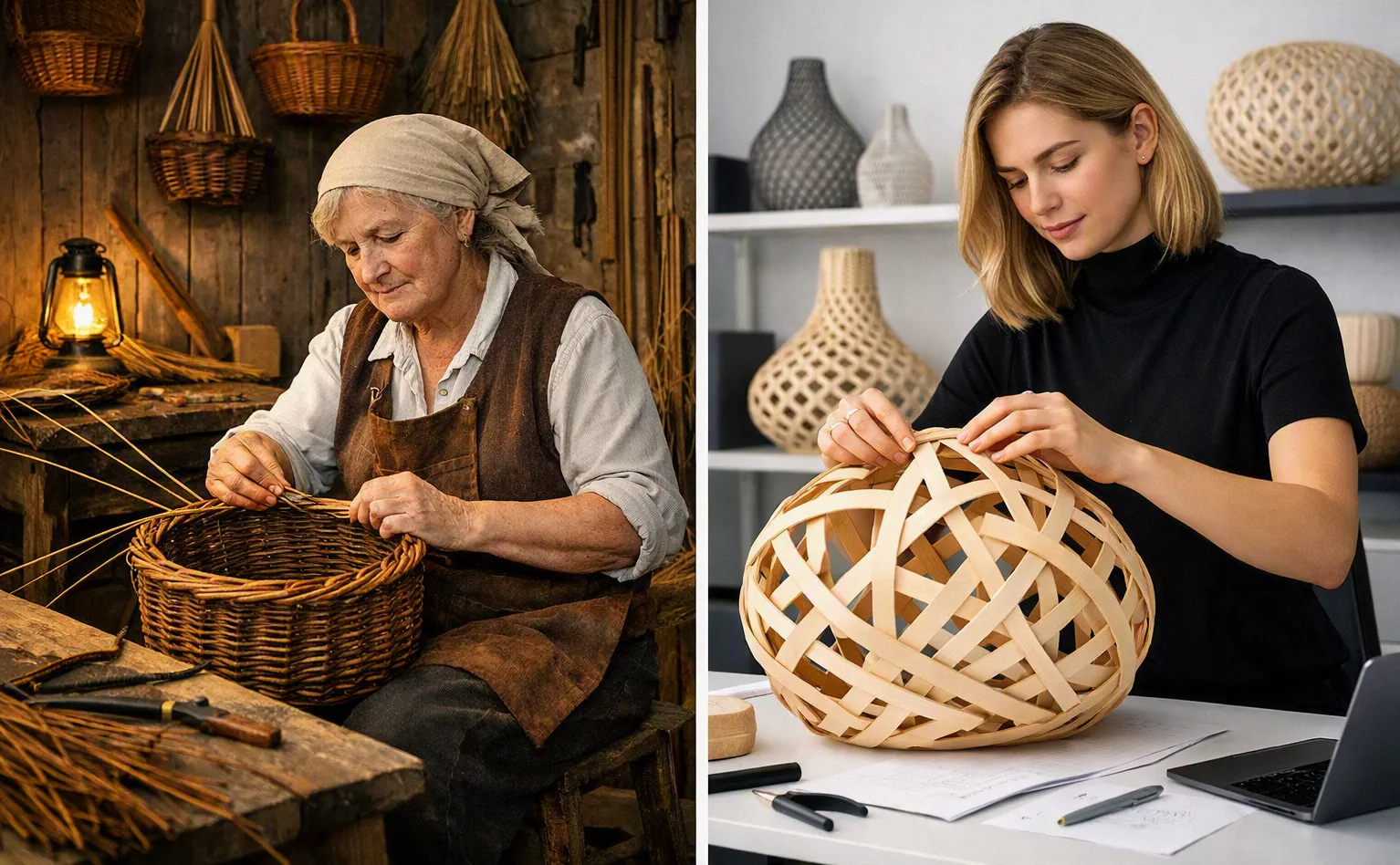 Tradition und moderne Innovation. Altes Korbmacherhandwerk und modere Flechtwerkgestaltung